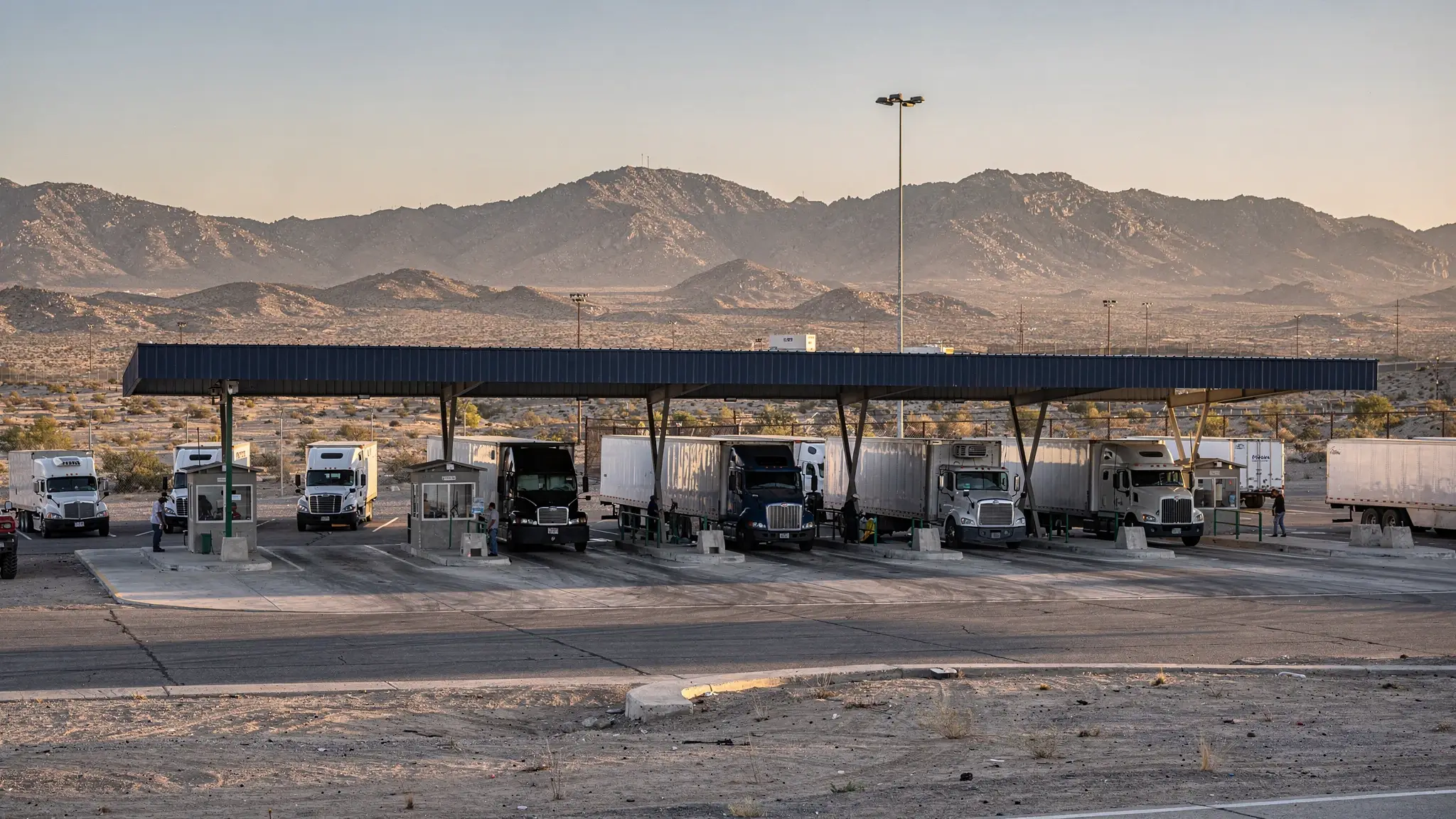 Tractor-trailers lined up in the inspection lanes of a desert cargo port of entry at sunset, with mountains in the background.