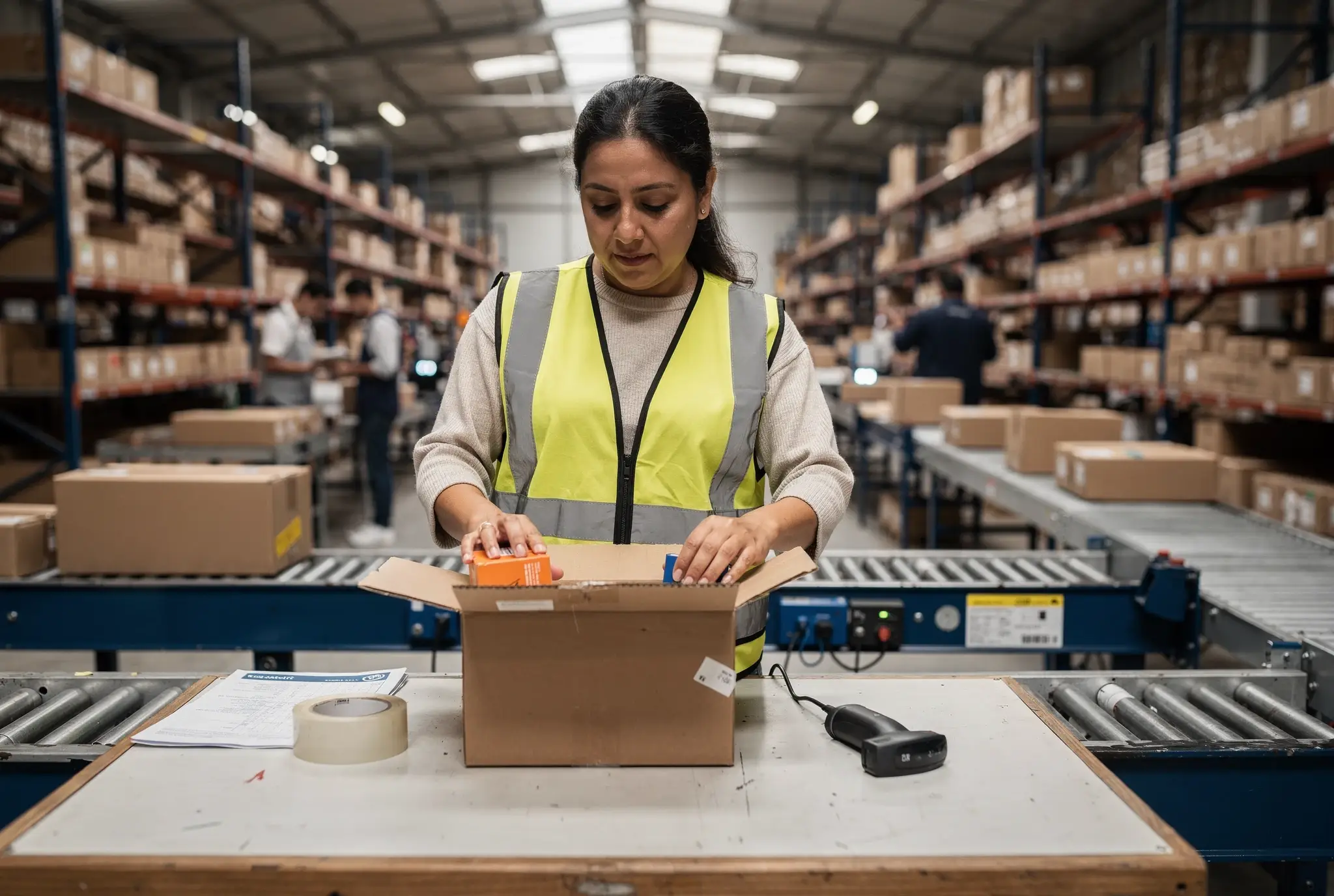 A worker packs an order into a cardboard box at a packing station in a fulfilment centre, with shelving and a conveyor behind her.
