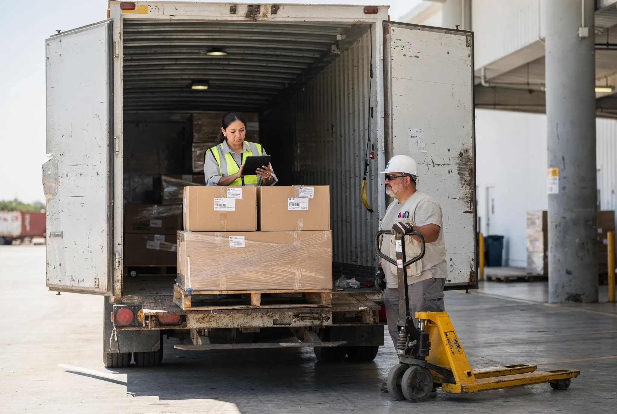 A coordinator with a tablet checks palletized cartons at the open doors of a trailer on a cargo dock while a dock worker waits beside a pallet jack.