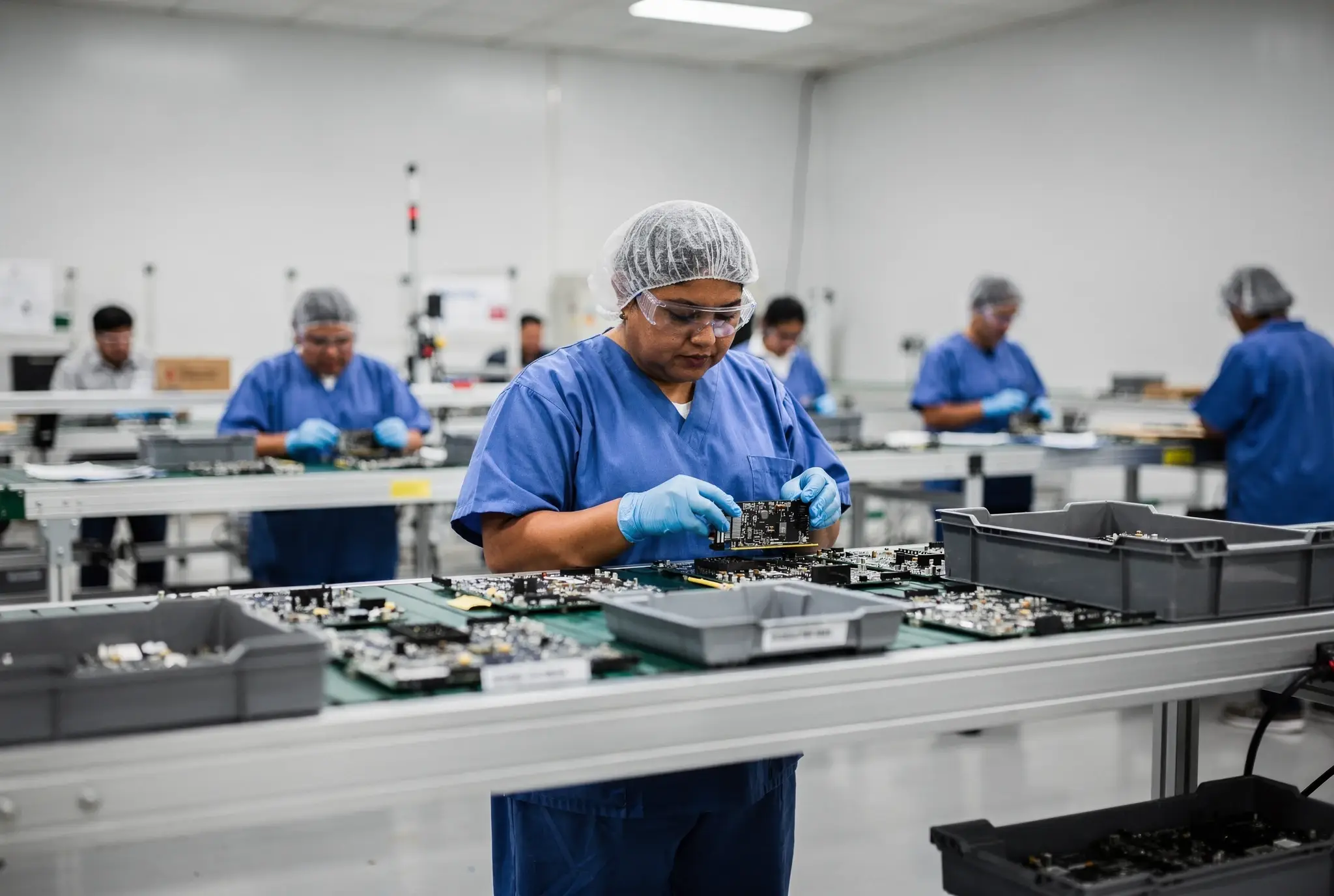 Technicians in safety glasses and protective smocks assemble electronic modules on a manufacturing line.