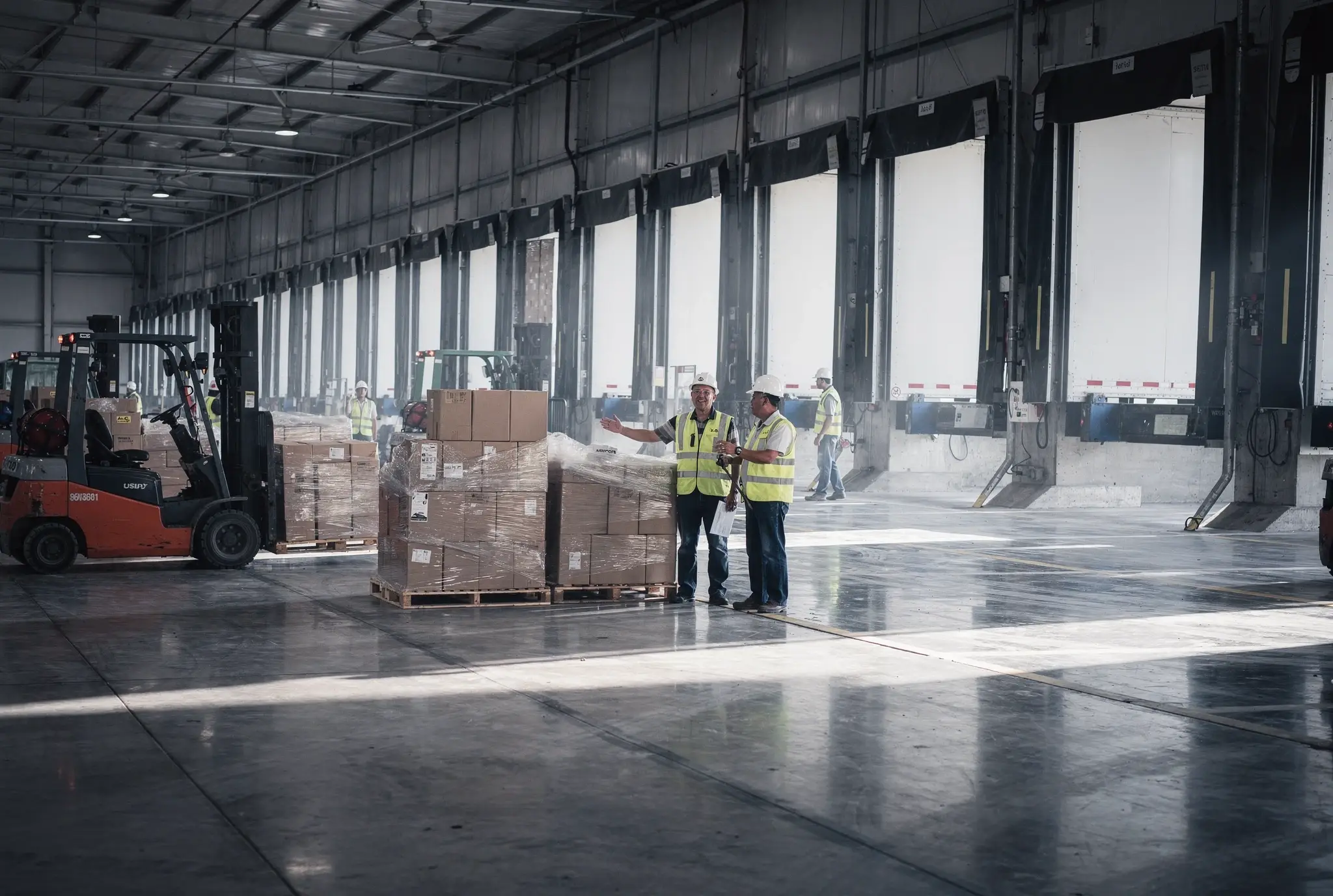 Forklifts move shrink-wrapped pallets between open dock doors in a cross-dock warehouse.