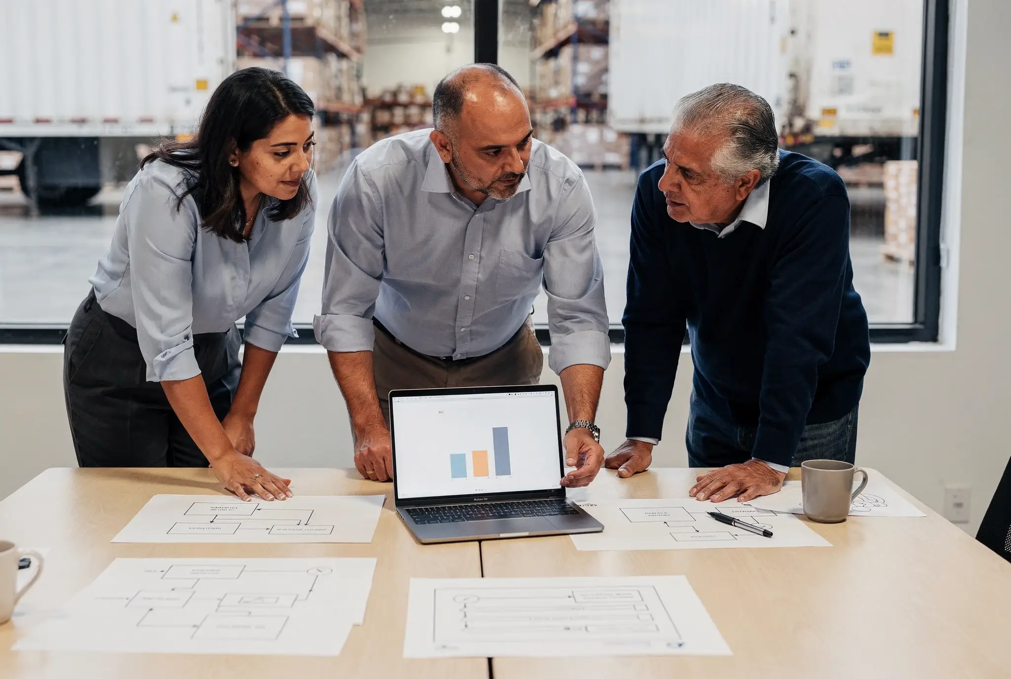 Three professionals review process flowcharts and a laptop chart at a table in an office overlooking a warehouse.